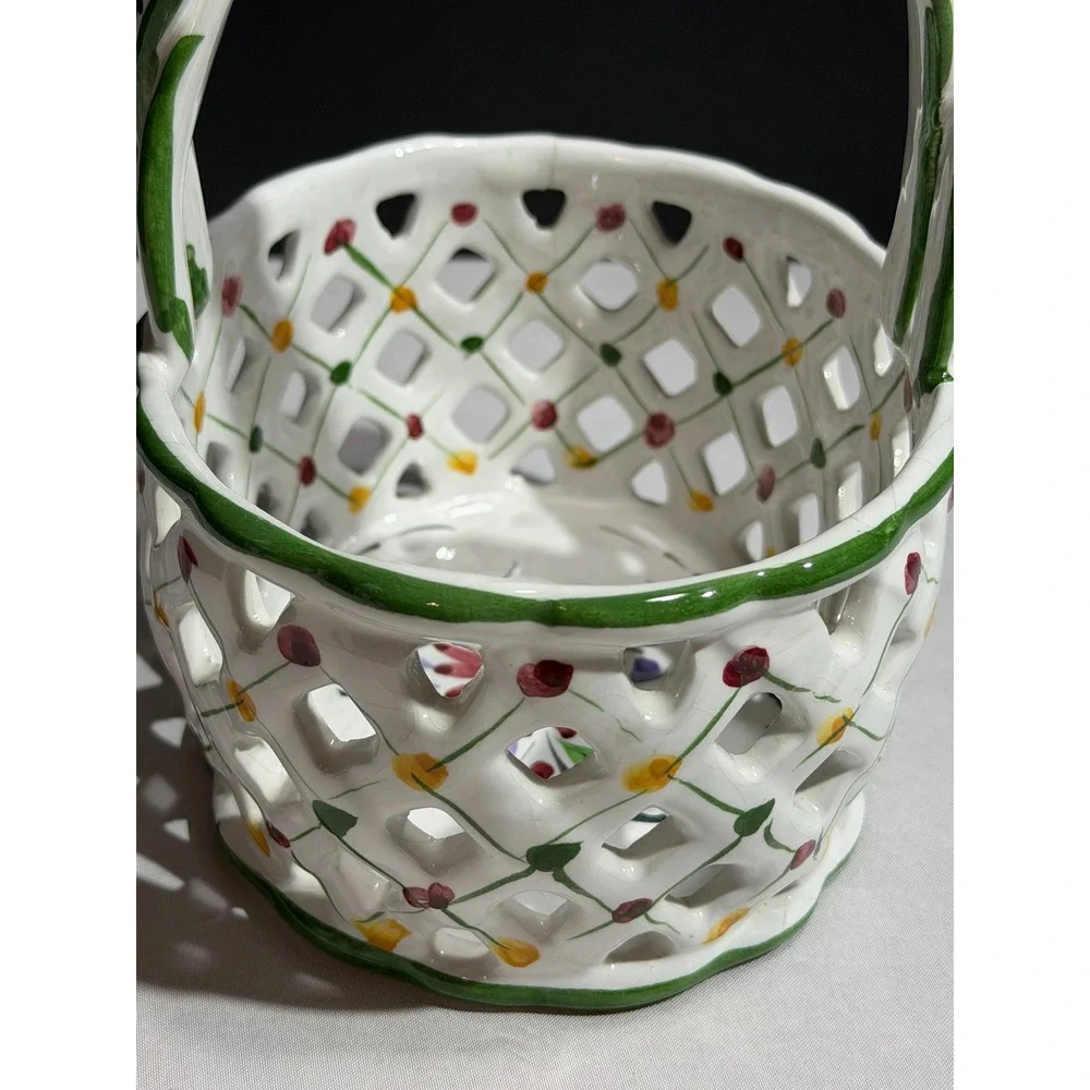Vintage Hand Painted Portugal Ceramic Reticulated Lattice Floral Basket 406D